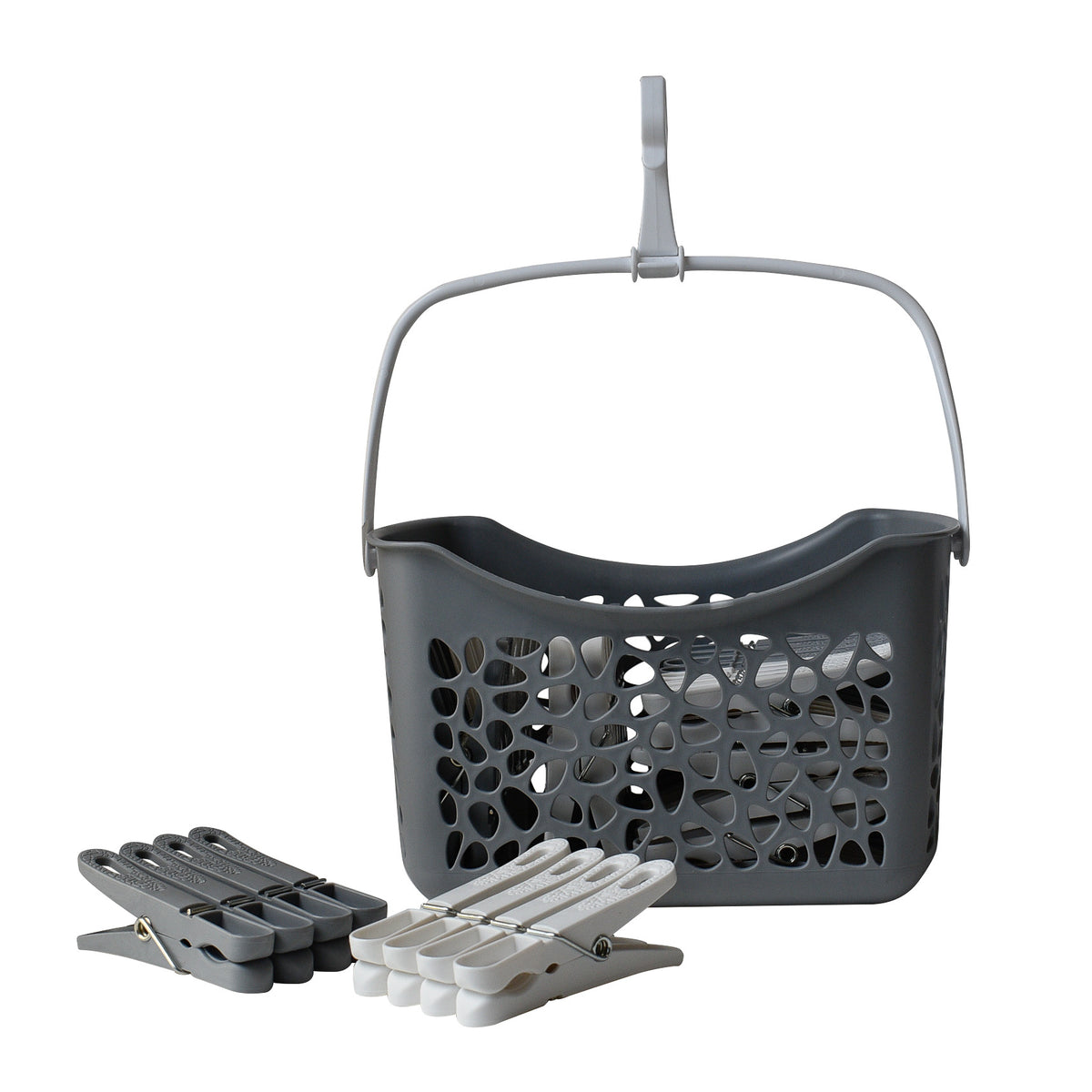 Panier gris motif galet avec pinces a linge galet